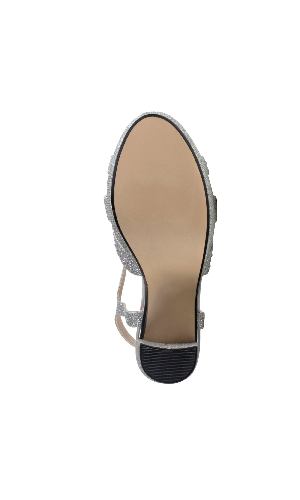 The image shows the underside of the Ava Silver Prom Shoes: Touch Ups 4633, a women’s open-toe sandal with a tan sole, black heel tip, and sparkly silver glitter straps.
